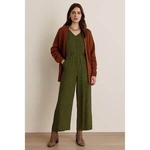 Roolee M Polka Dot Jumpsuit $99 Wide Leg Cropped V Neck Olive Green White NEW!